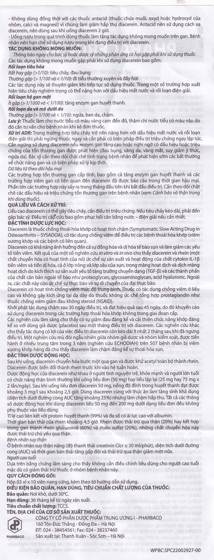 Thuốc uống Phabacerin 50 Pharbaco điều trị thoái hóa khớp (3 vỉ x 10 viên)