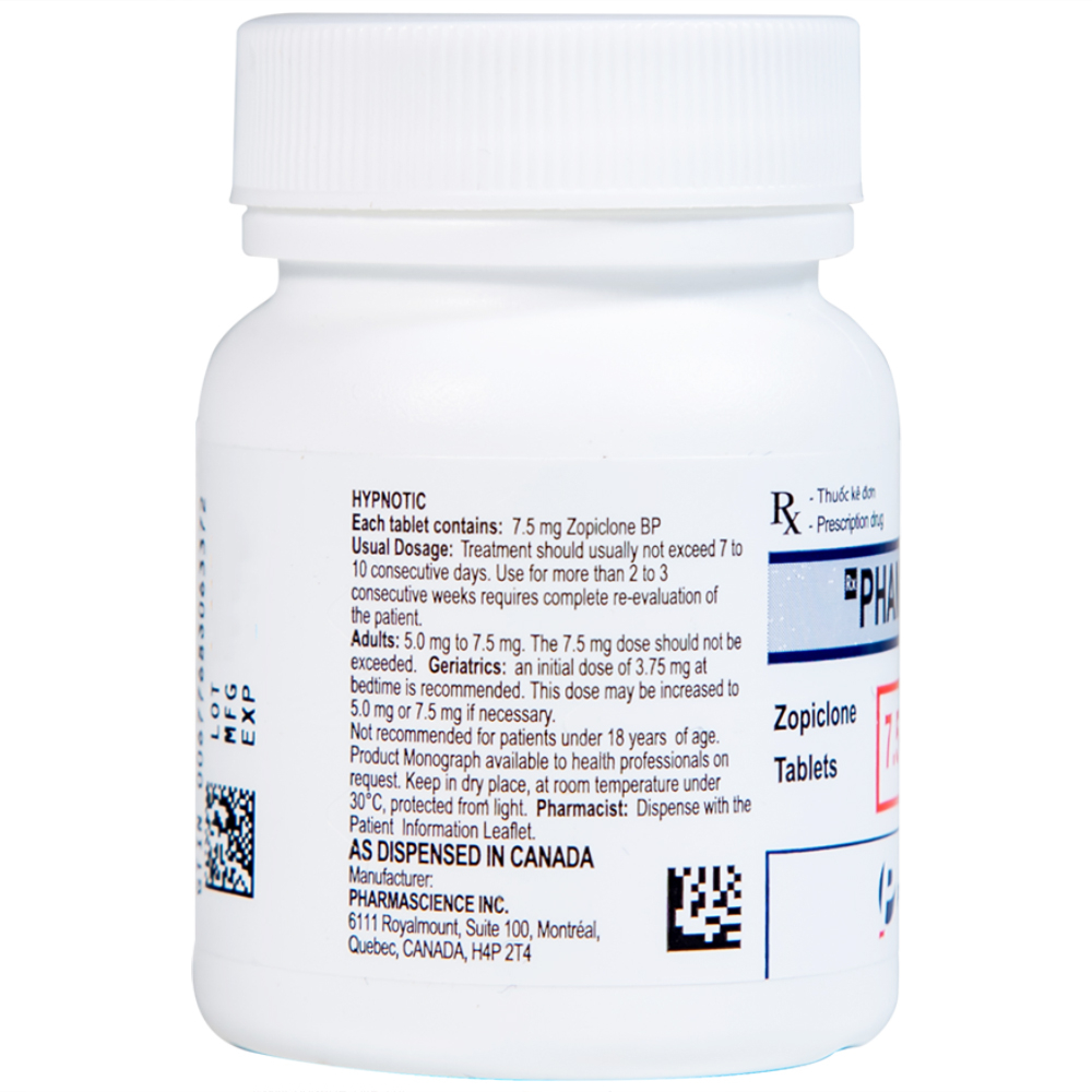 Viên nén Phamzopic 7.5mg Pharmascience điều trị rối loạn giấc ngủ (100 viên)