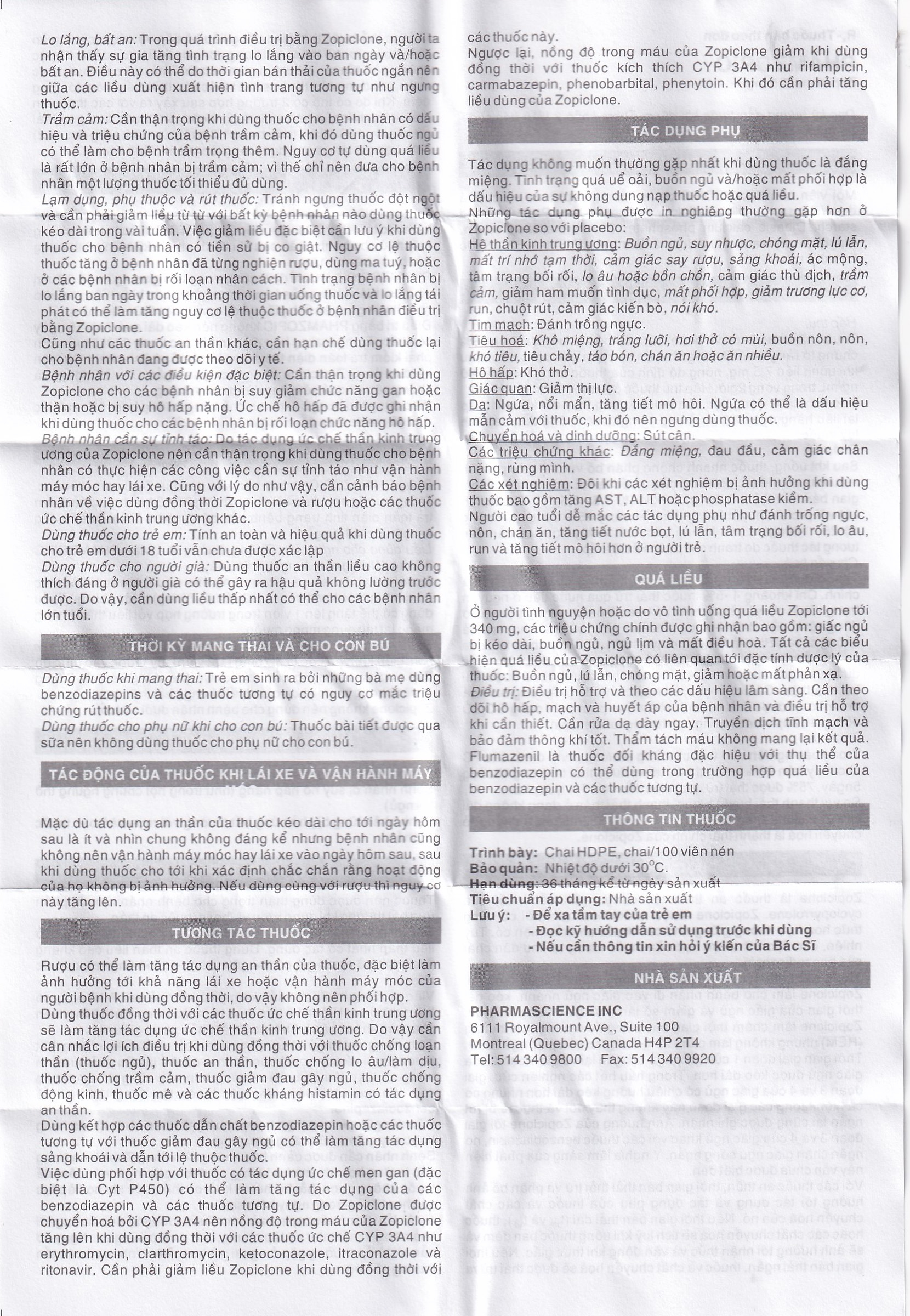 Viên nén Phamzopic 7.5mg Pharmascience điều trị rối loạn giấc ngủ (100 viên)