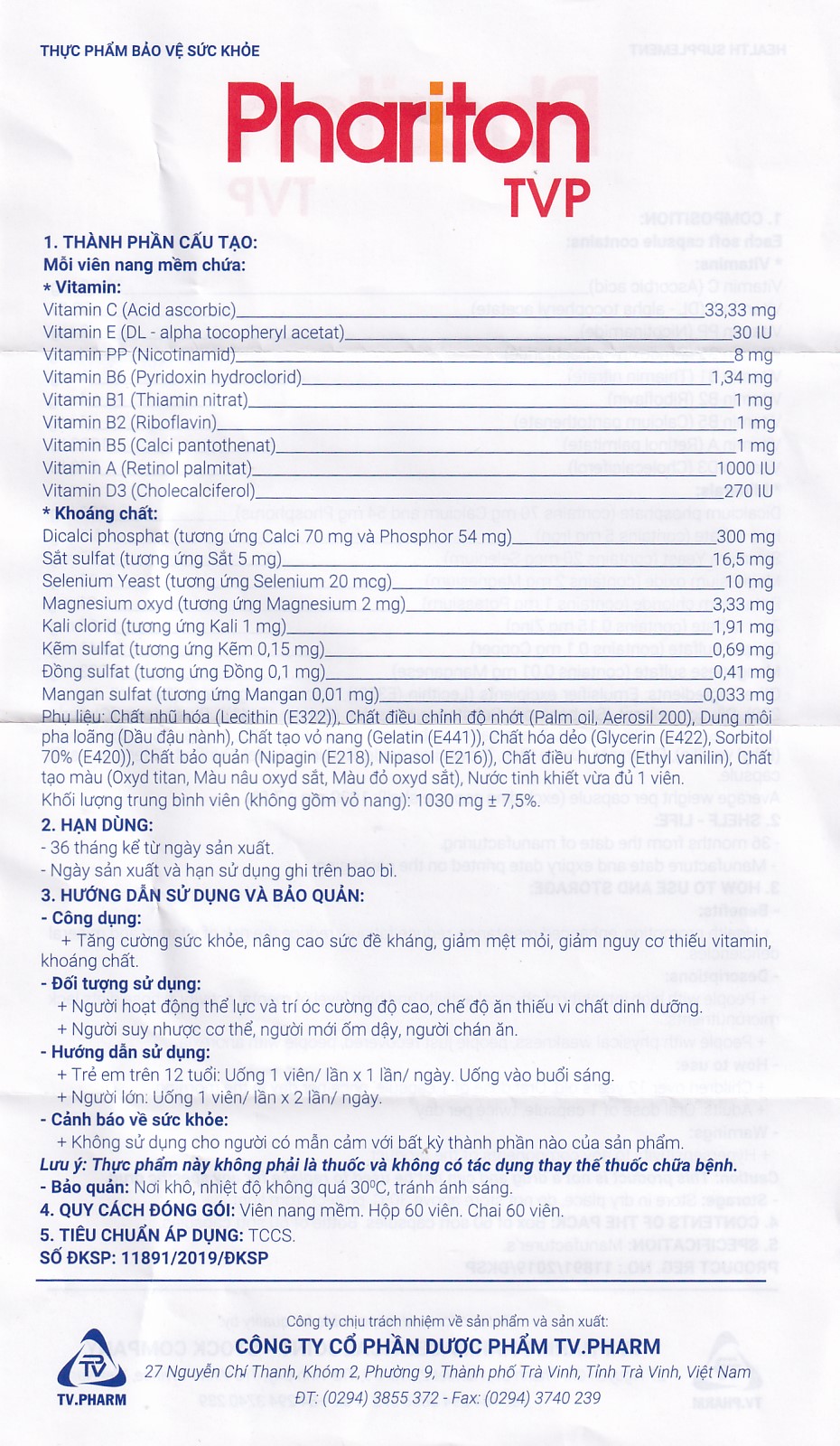 Viên nâng cao sức đề kháng Phariton TVP (12 vỉ x 5 viên)