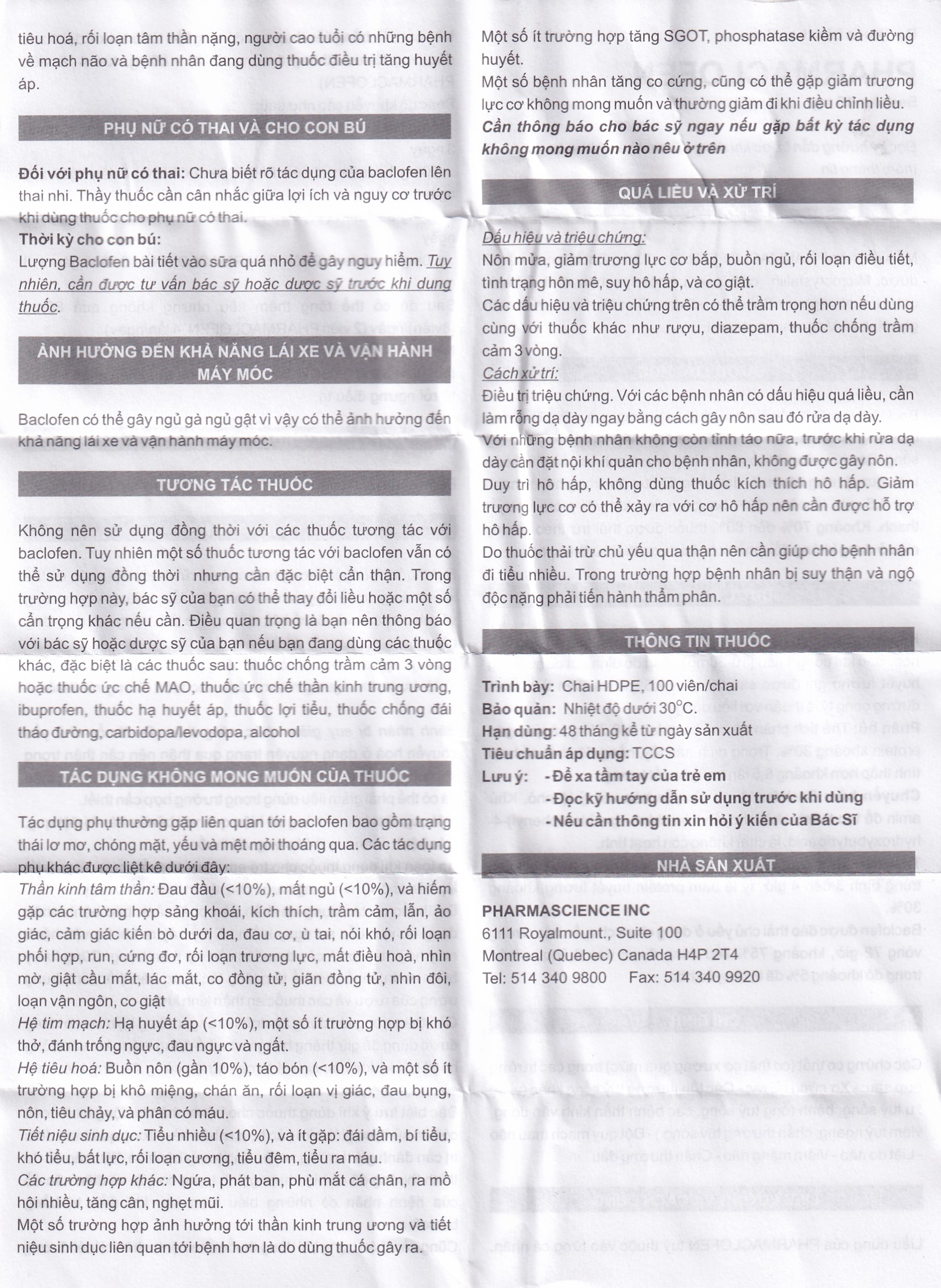 Viên nén Pharmaclofen 10mg Pharmascience điều trị các chứng co thắt cơ xương (100 viên)