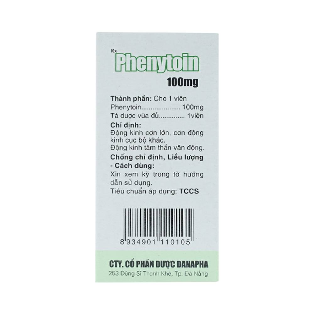 Viên nén Phenytoin 100mg Danapha điều trị động kinh cơn lớn, động kinh cục bộ (100 viên)