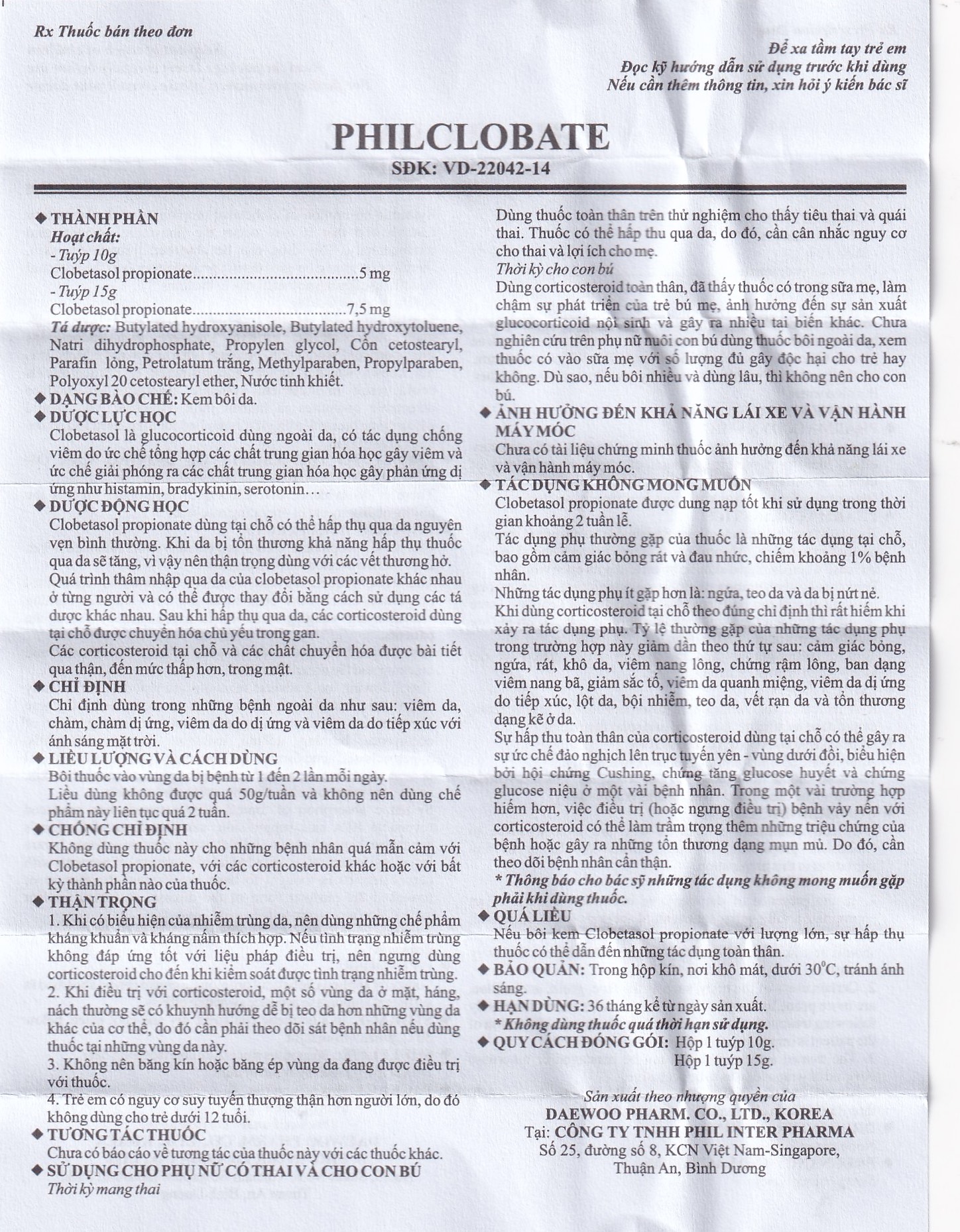 Kem bôi da PhilClobate Phil Inter Pharma điều trị viêm da, chàm, chàm dị ứng (15g)