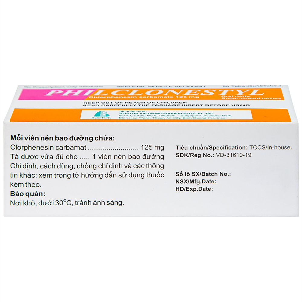 Thuốc giãn cơ Philclonestyl 125mg Boston điều trị đau do cứng cơ (5 vỉ x 10 viên)