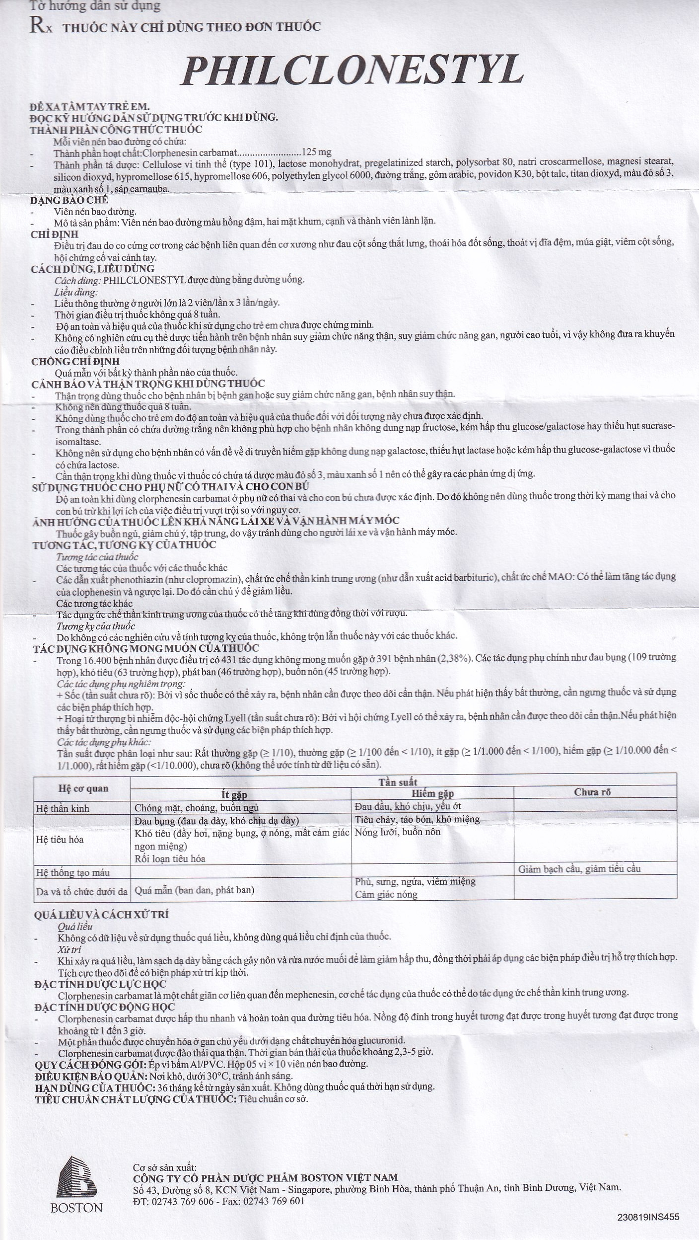 Thuốc giãn cơ Philclonestyl 125mg Boston điều trị đau do cứng cơ (5 vỉ x 10 viên)