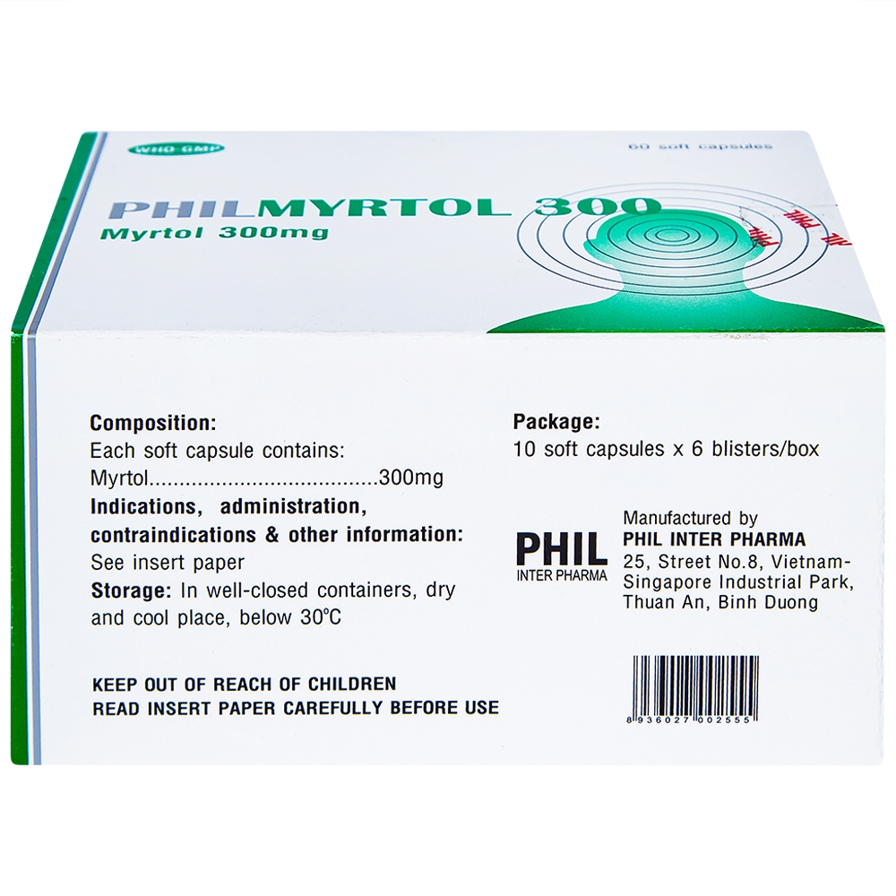 Thuốc Philmyrtol 300 Phil Inter Pharma loãng đờm, giảm viêm phế quản, viêm xoang mũi (6 vỉ x 10 viên)