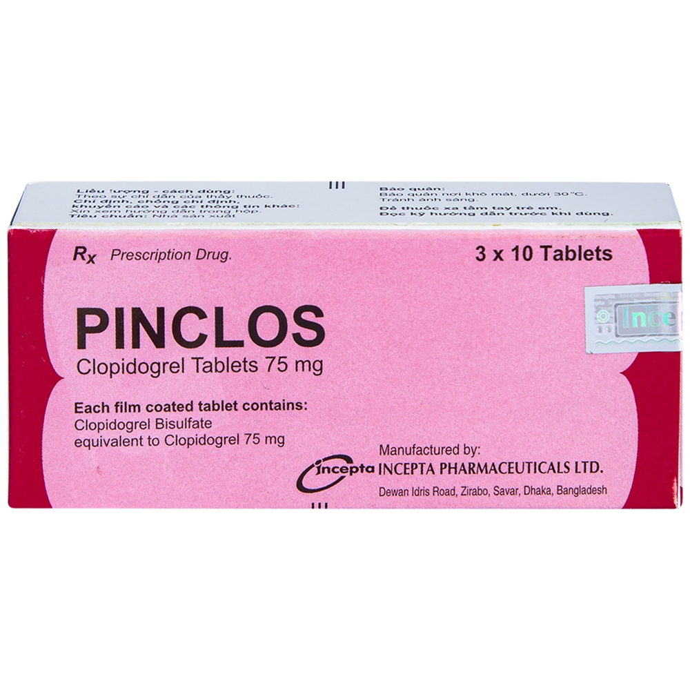 Viên nén Pinclos 75mg Incepta giảm các biến cố do xơ vữa động mạch, nhồi máu cơ tim (3 vỉ x 10 viên)