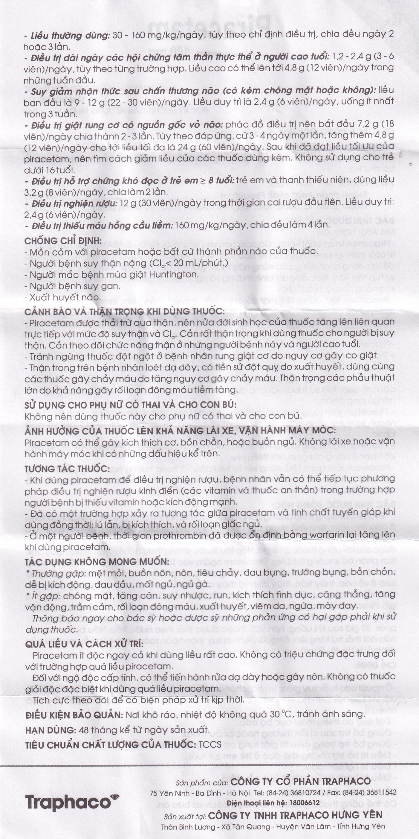 Viên nang cứng Piracetam 400mg Traphaco điều trị triệu chứng chóng mặt, suy giảm trí nhớ (6 vỉ x 10 viên) 