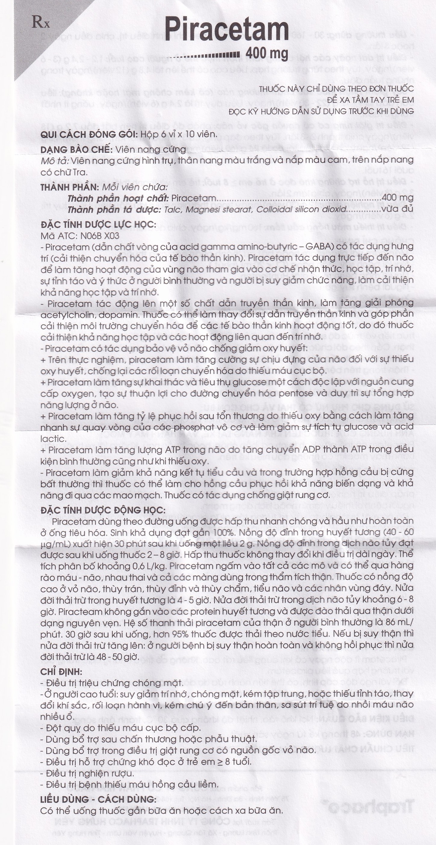 Viên nang cứng Piracetam 400mg Traphaco điều trị triệu chứng chóng mặt, suy giảm trí nhớ (6 vỉ x 10 viên) 