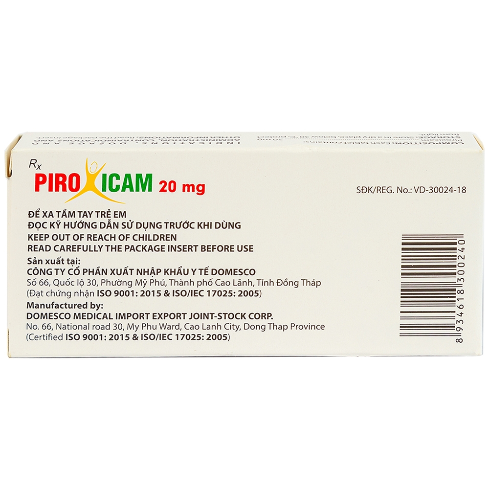 Viên nén Piroxicam 20mg Domesco giảm triệu chứng viêm khớp dạng thấp (3 vỉ x 10 viên)