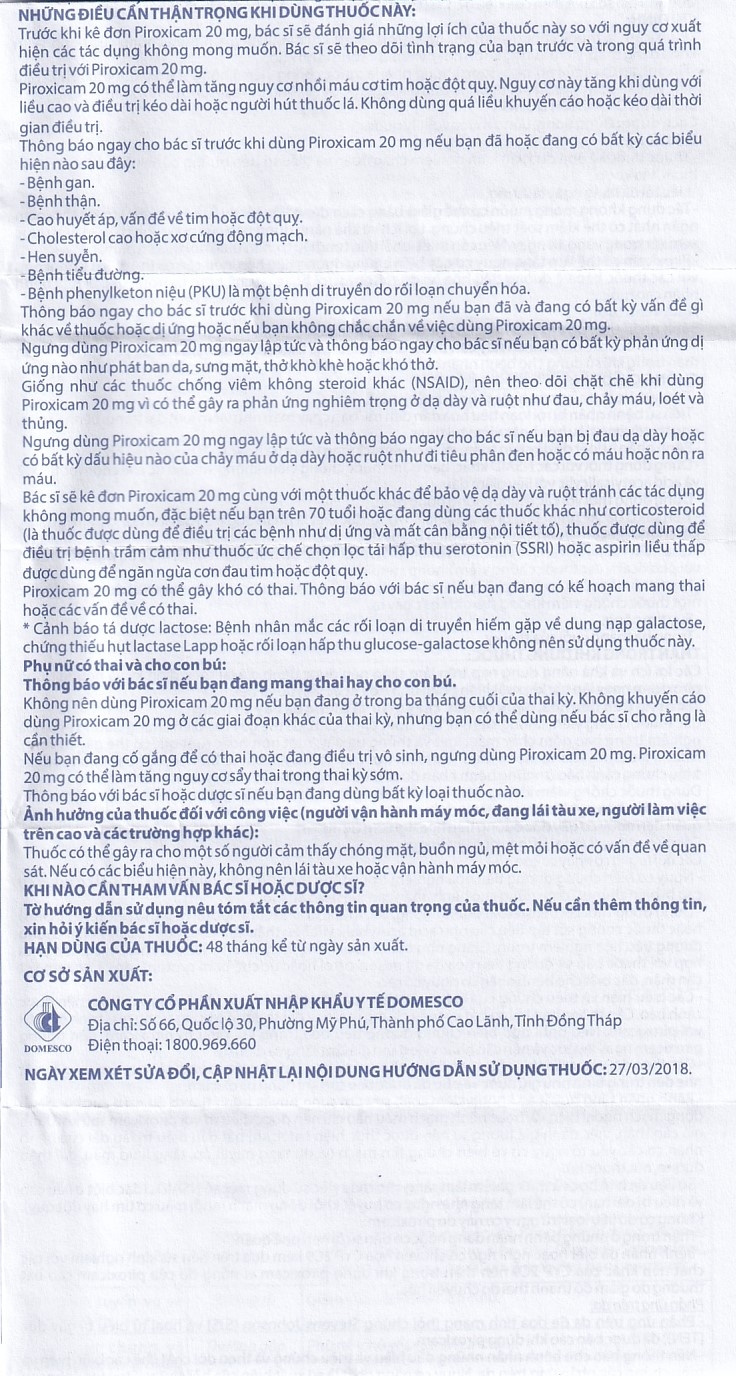 Viên nén Piroxicam 20mg Domesco giảm triệu chứng viêm khớp dạng thấp (3 vỉ x 10 viên)