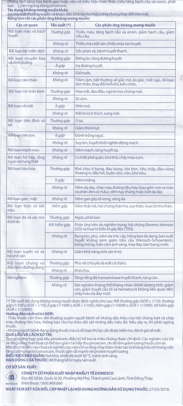 Viên nén Piroxicam 20mg Domesco giảm triệu chứng viêm khớp dạng thấp (3 vỉ x 10 viên)