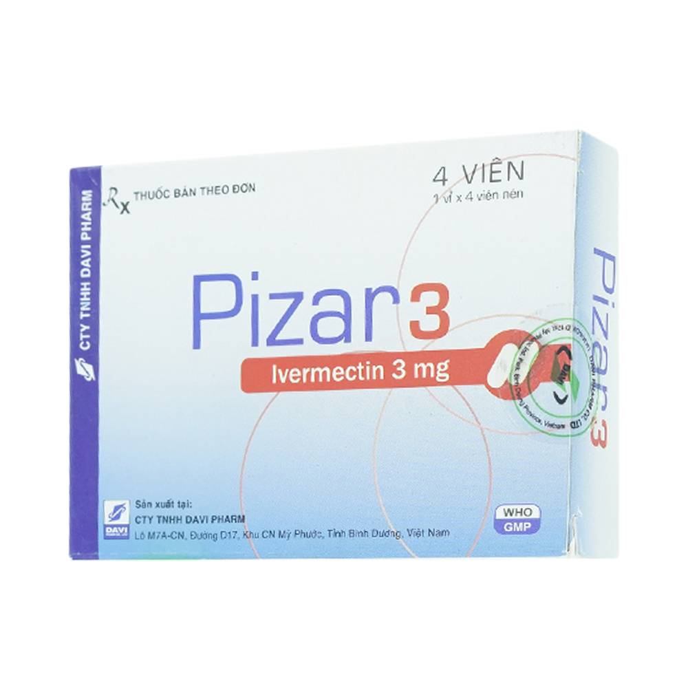 Viên nén Pizar-3 DaViPharm điều trị các bệnh nhiễm trùng do ký sinh trùng, giun chỉ (1 vỉ x 4 viên)	