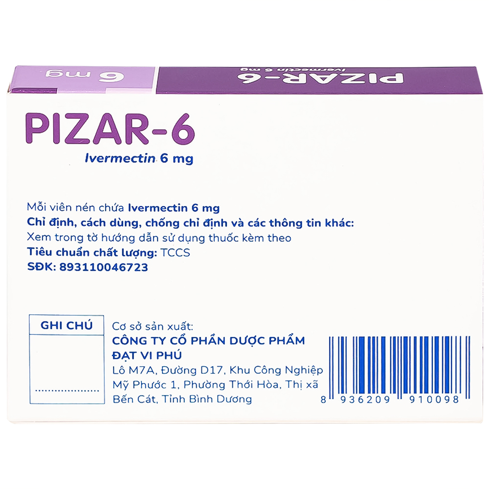 Viên nén Pizar-6 DaViPharm điều trị các bệnh nhiễm giun lươn, giun chỉ (1 vỉ x 4 viên)