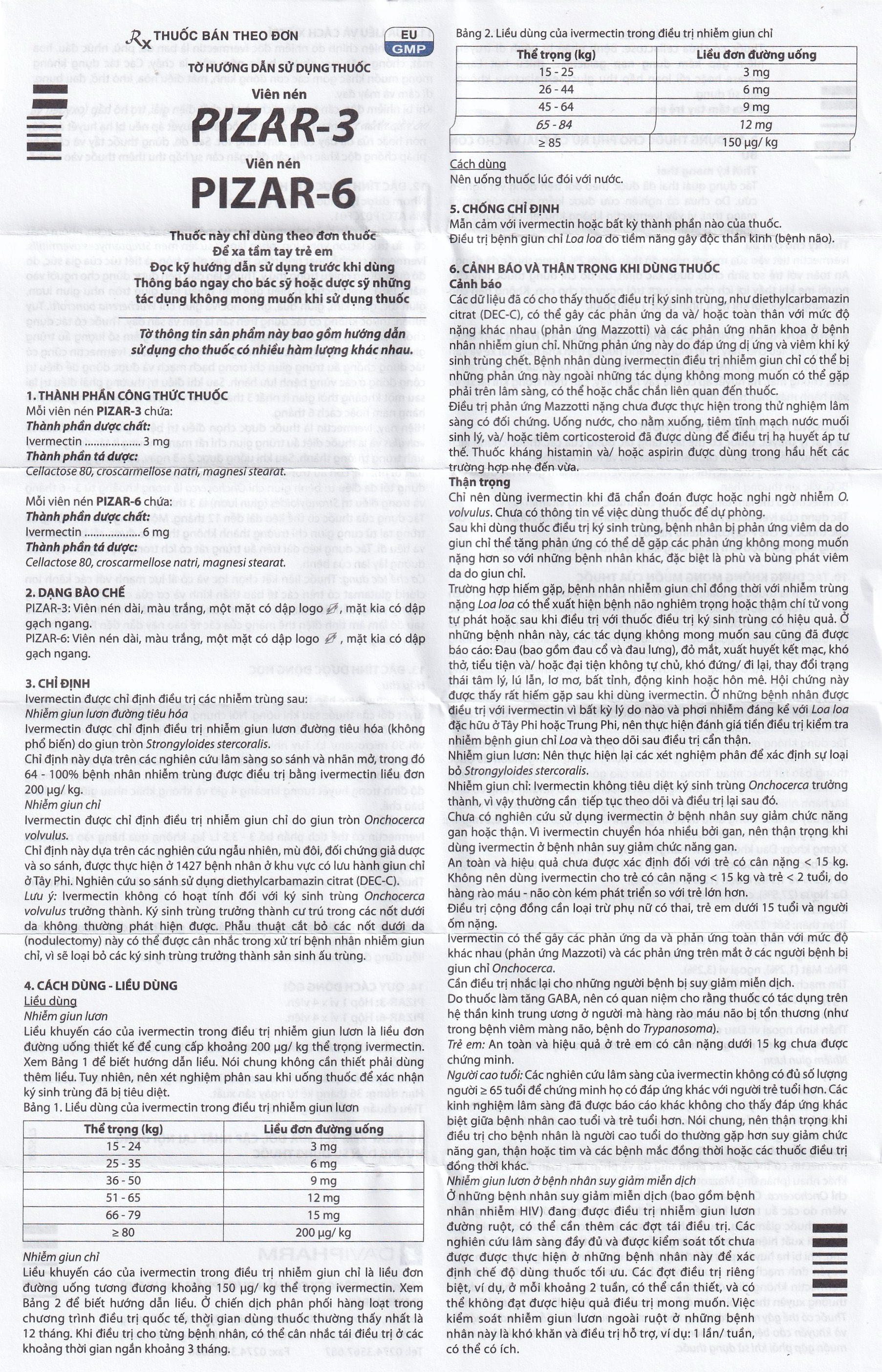 Viên nén Pizar-6 DaViPharm điều trị các bệnh nhiễm giun lươn, giun chỉ (1 vỉ x 4 viên)