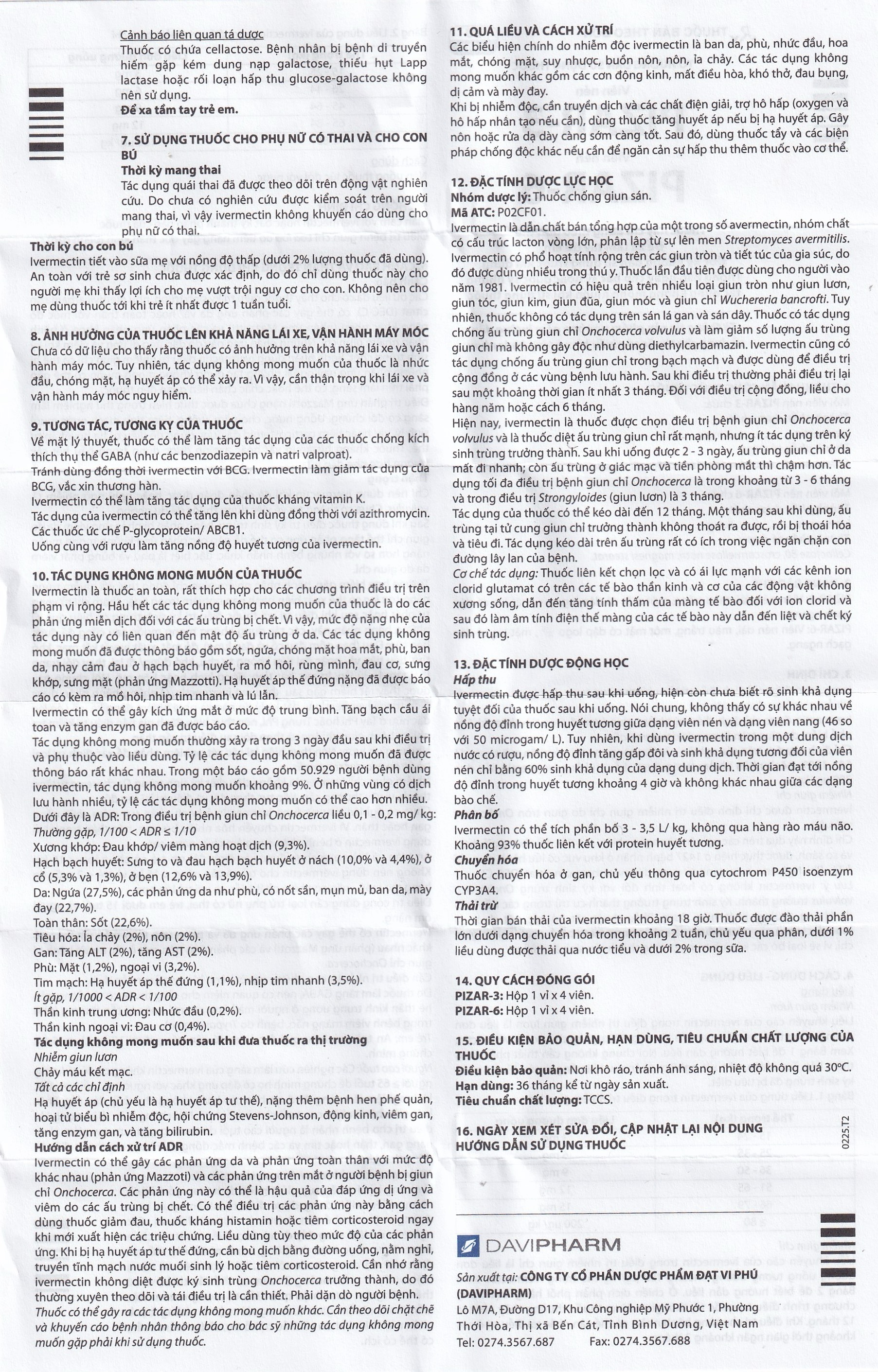 Viên nén Pizar-6 DaViPharm điều trị các bệnh nhiễm giun lươn, giun chỉ (1 vỉ x 4 viên)