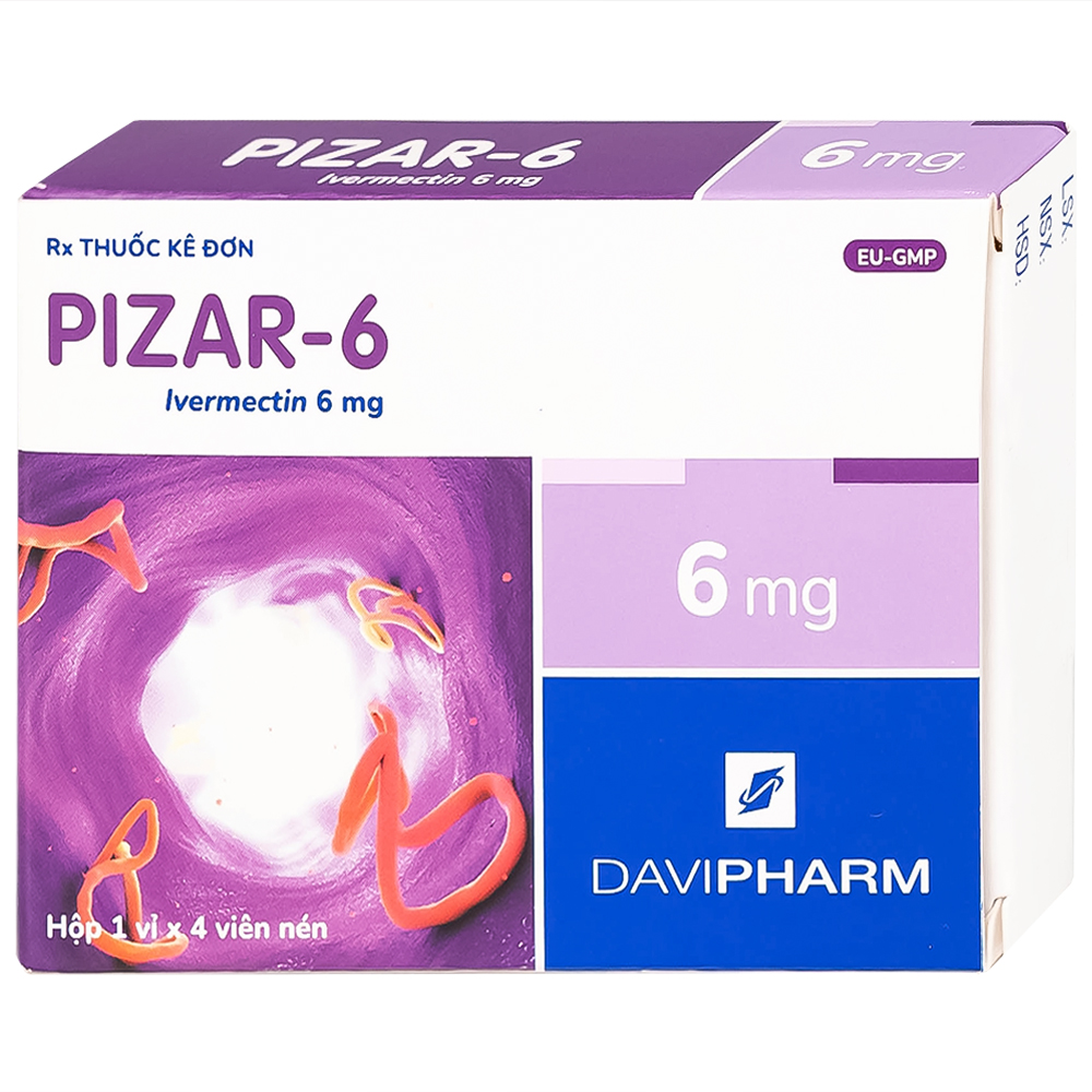 Viên nén Pizar-6 DaViPharm điều trị các bệnh nhiễm giun lươn, giun chỉ (1 vỉ x 4 viên)