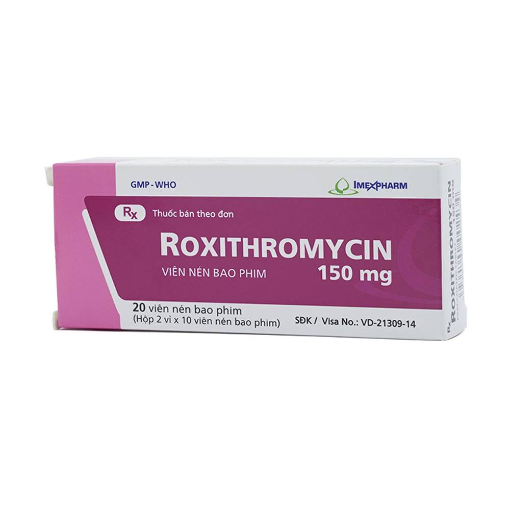 Thuốc Roxithromycin 150mg Imexpharm điều trị các loại nhiễm khuẩn, bệnh bạch hầu, ho gà (2 vỉ x 10 viên)