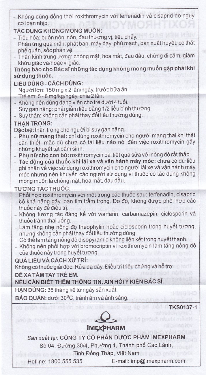 Thuốc Roxithromycin 150mg Imexpharm điều trị các loại nhiễm khuẩn, bệnh bạch hầu, ho gà (2 vỉ x 10 viên)