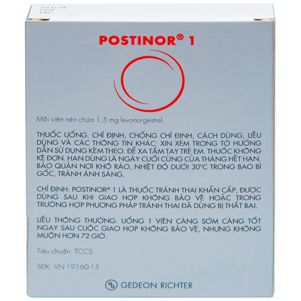 Thuốc Postinor 1 Gedeon dùng tránh thai khẩn cấp trong vòng 72 giờ sau giao hợp (1 viên)