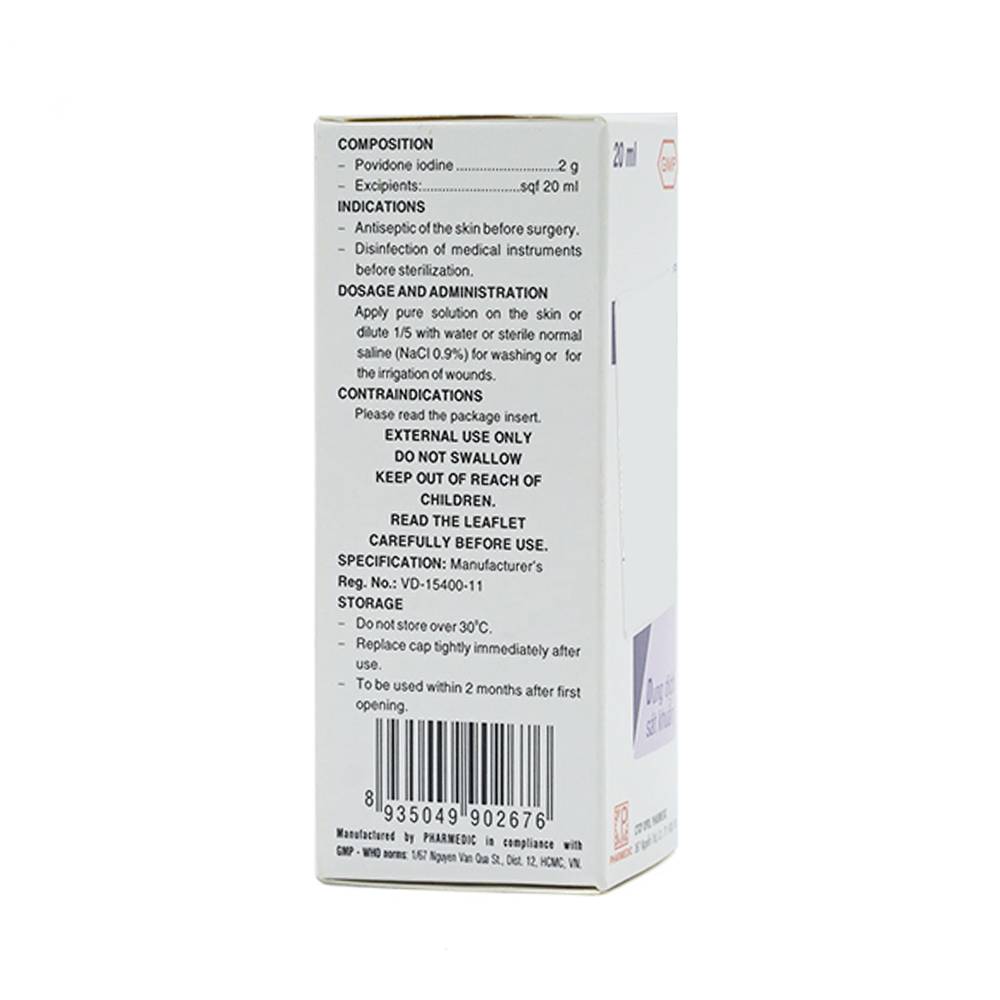 Dung dịch sát khuẩn Povidine 10% Pharmedic ngăn ngừa nhiễm khuẩn ở vết cắt, vết trầy (20ml)