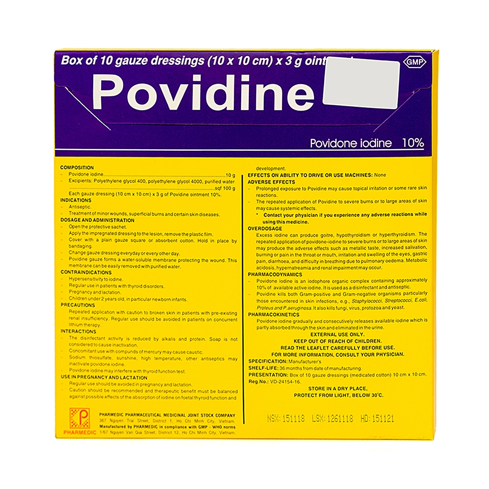 Gạc Povidine Pharmedic sát trùng vết thương, vết bỏng nông và ít rộng (10 miếng x 3g)