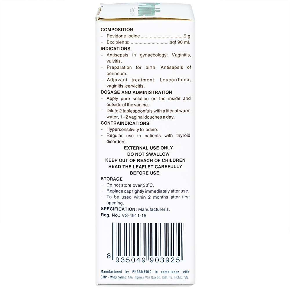 Dung dịch phụ khoa Povidine 10% Pharmedic sát trùng phụ khoa, viêm âm đạo, âm hộ (90ml)