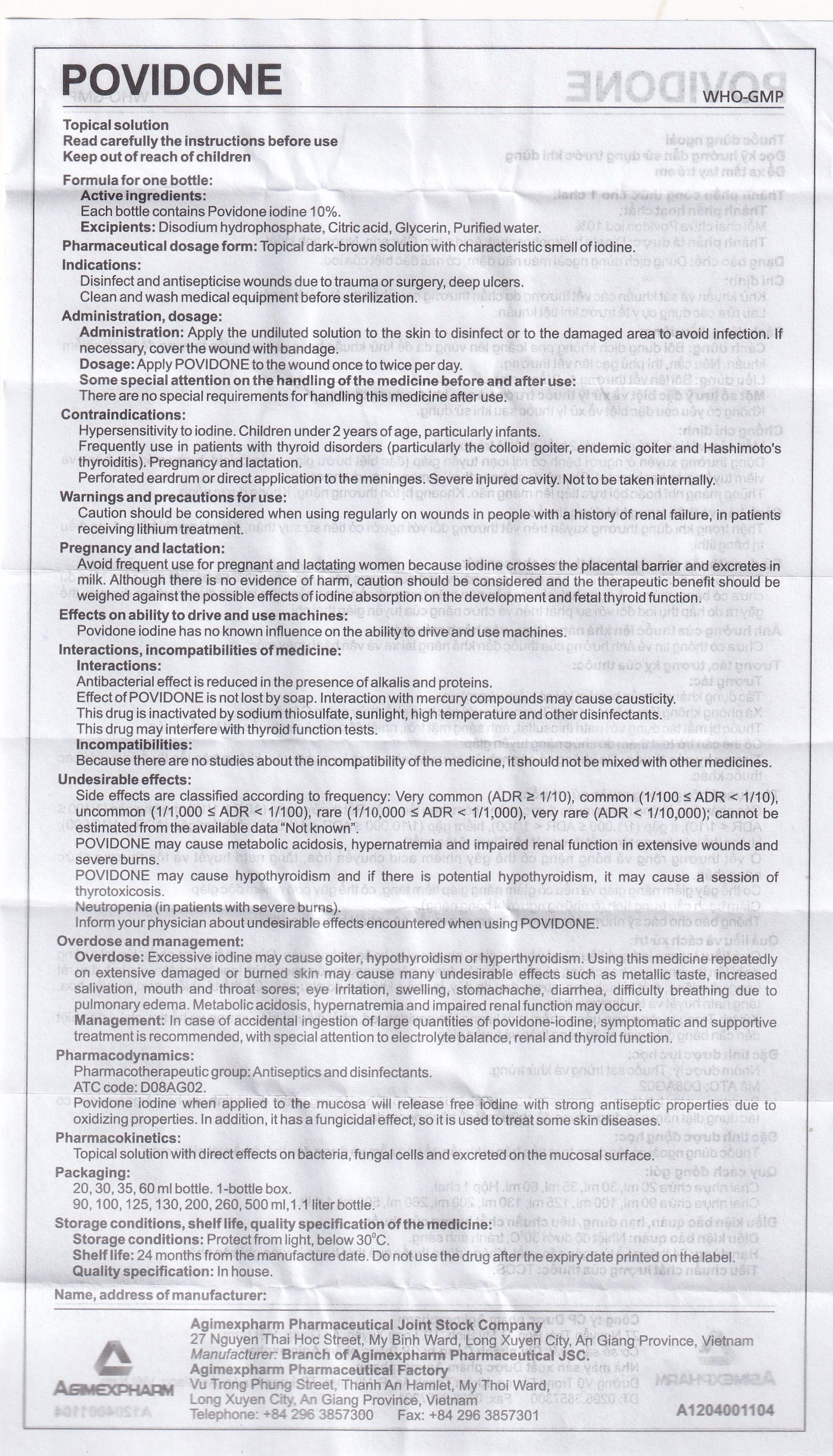 Povidone 10% Agimex 20ML sát trùng vết thương hay phẫu thuật, vết loét sâu