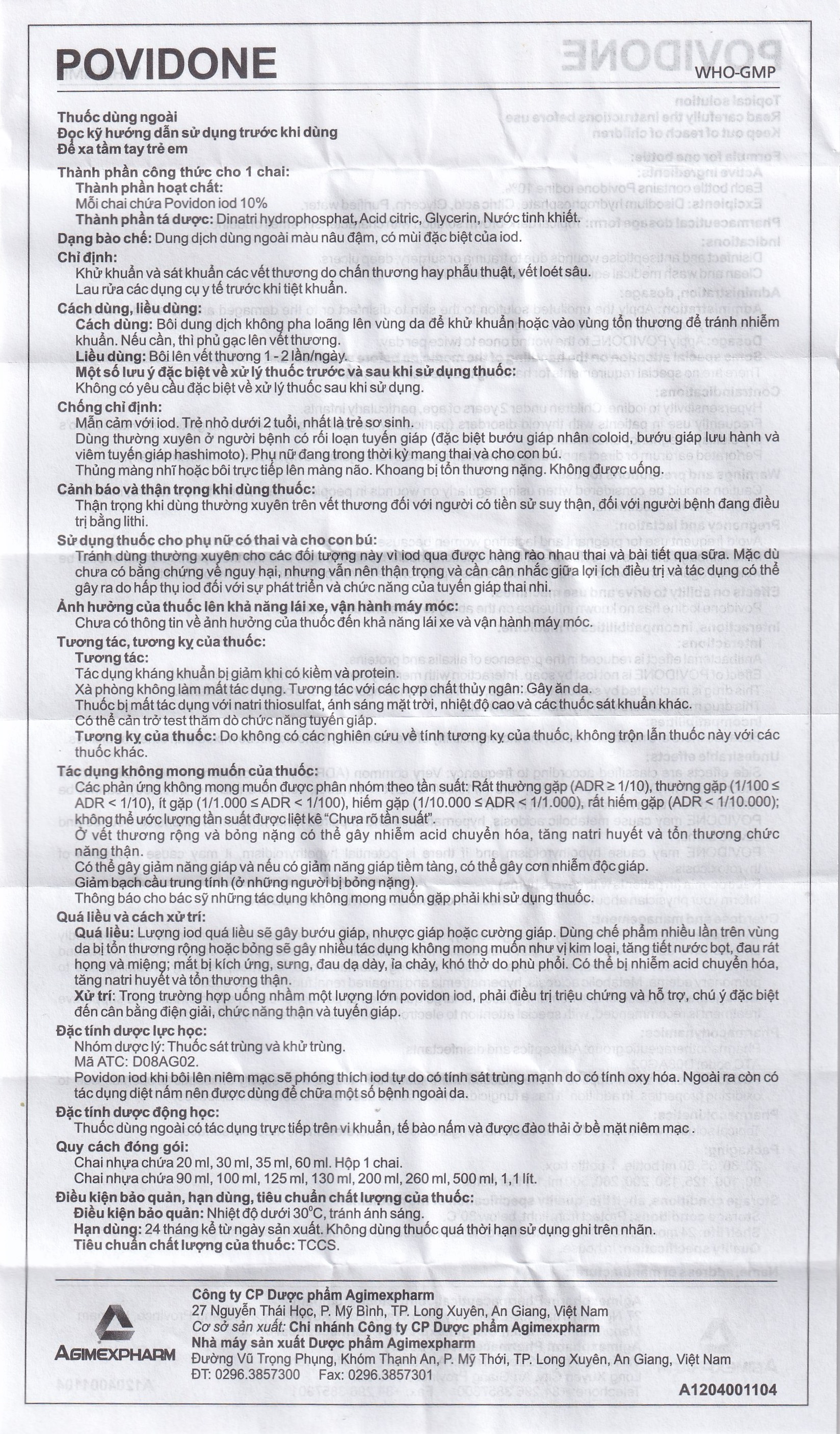 Povidone 10% Agimex 20ML sát trùng vết thương hay phẫu thuật, vết loét sâu
