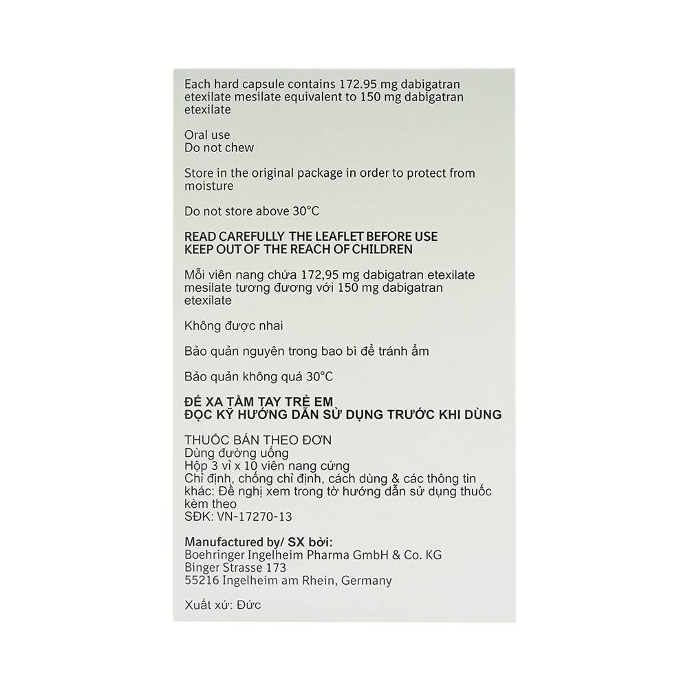 Viên nang cứng Pradaxa 150mg Boehringer phòng ngừa tai biến, đột quỵ (3 vỉ x 10 viên)