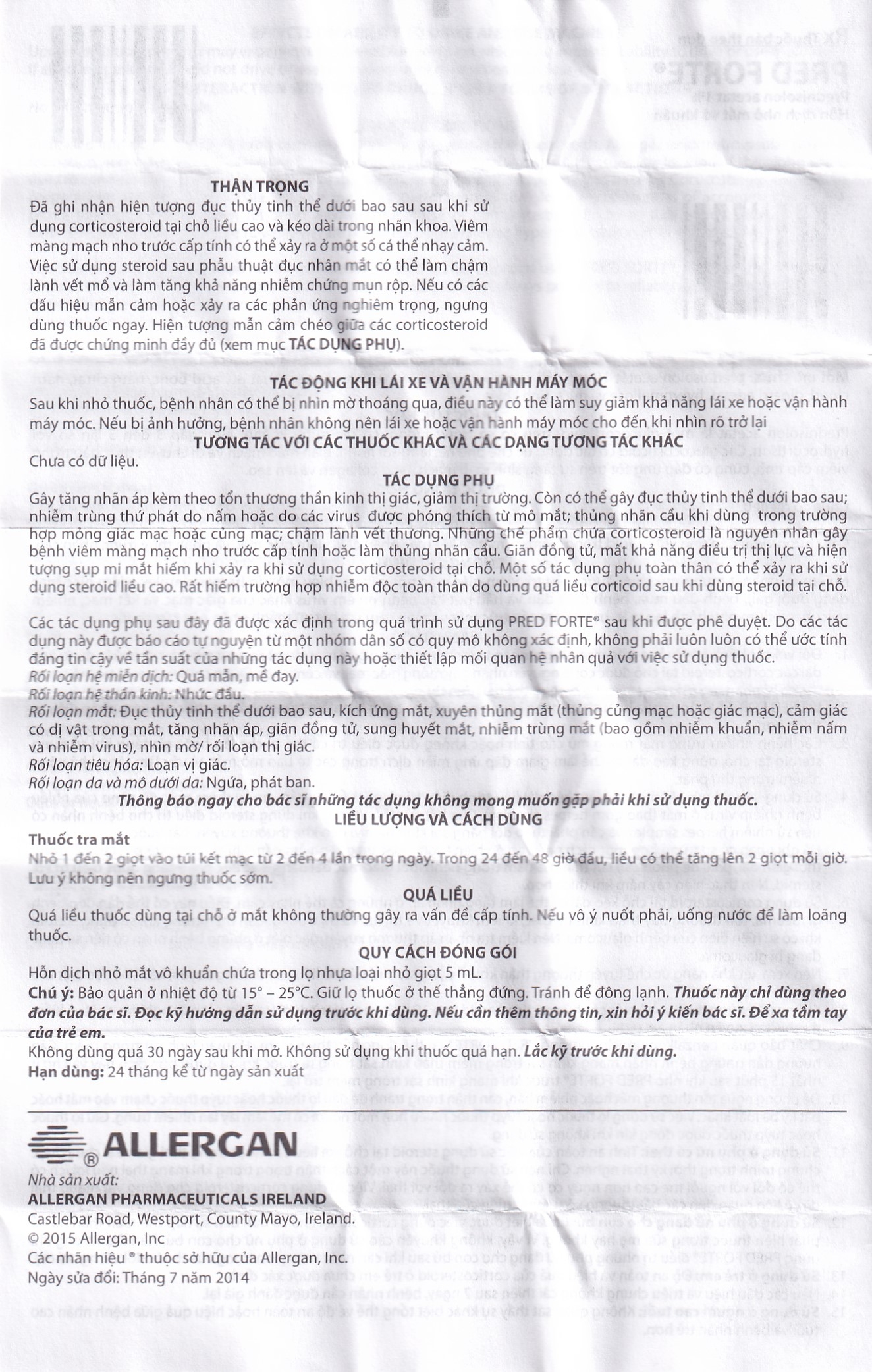 Hỗn dịch nhỏ mắt Pred Forte Allergan điều trị các chứng viêm đáp ứng với steroid (5ml)