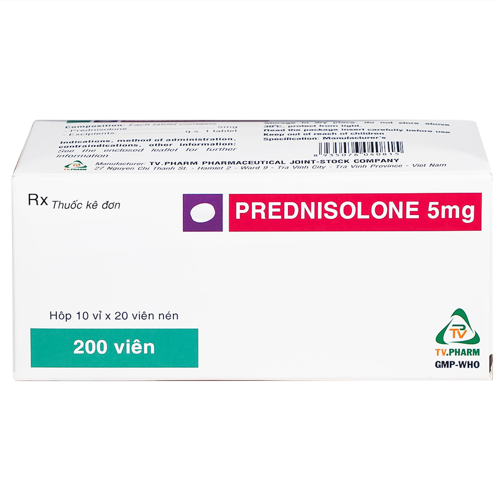 Thuốc Prednisolone 5mg TV.Pharm chống viêm, chống dị ứng và ức chế miễn dịch (10 vỉ x 20 viên)