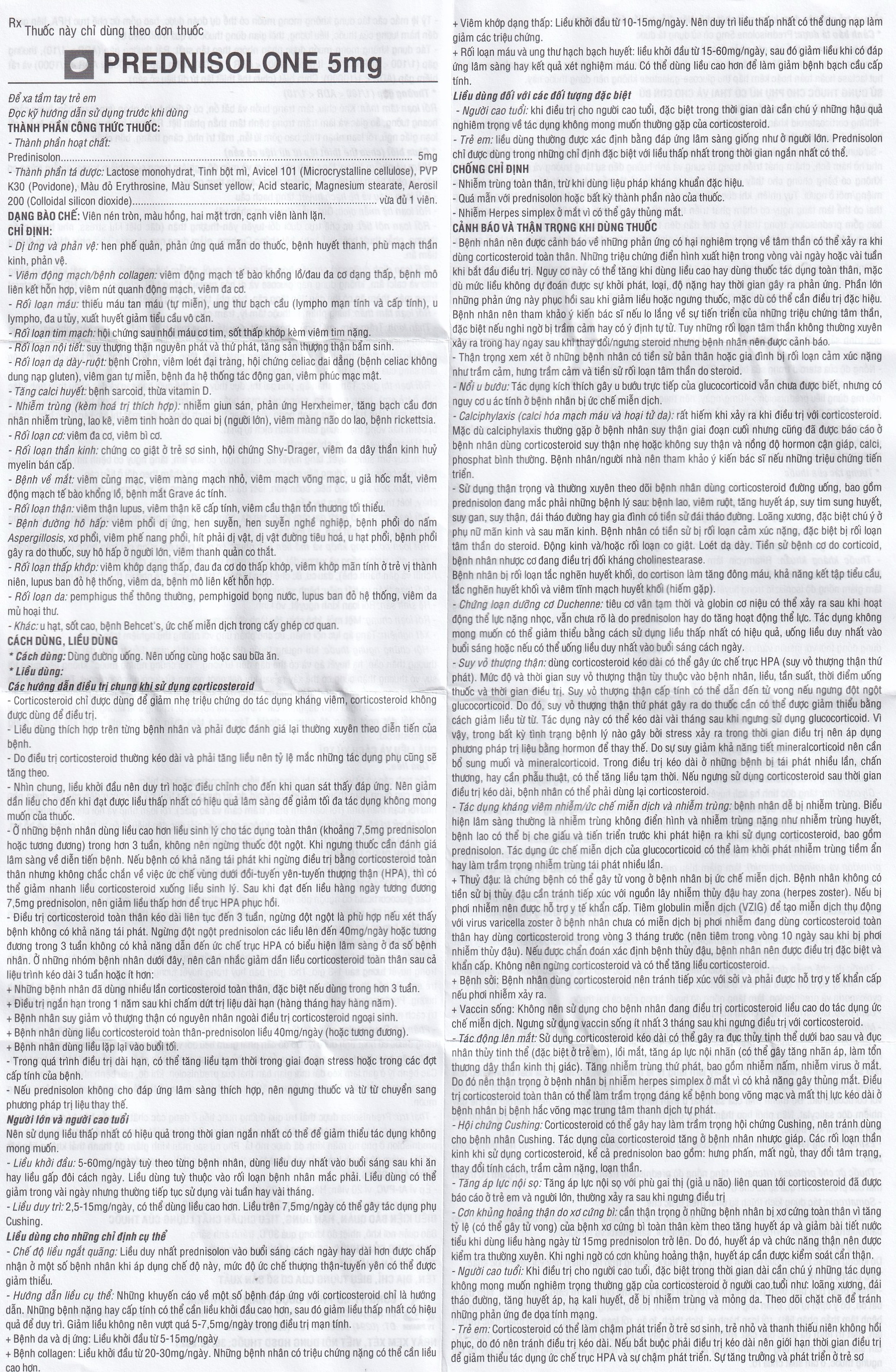 Thuốc Prednisolone 5mg TV.Pharm chống viêm, chống dị ứng và ức chế miễn dịch (10 vỉ x 20 viên)