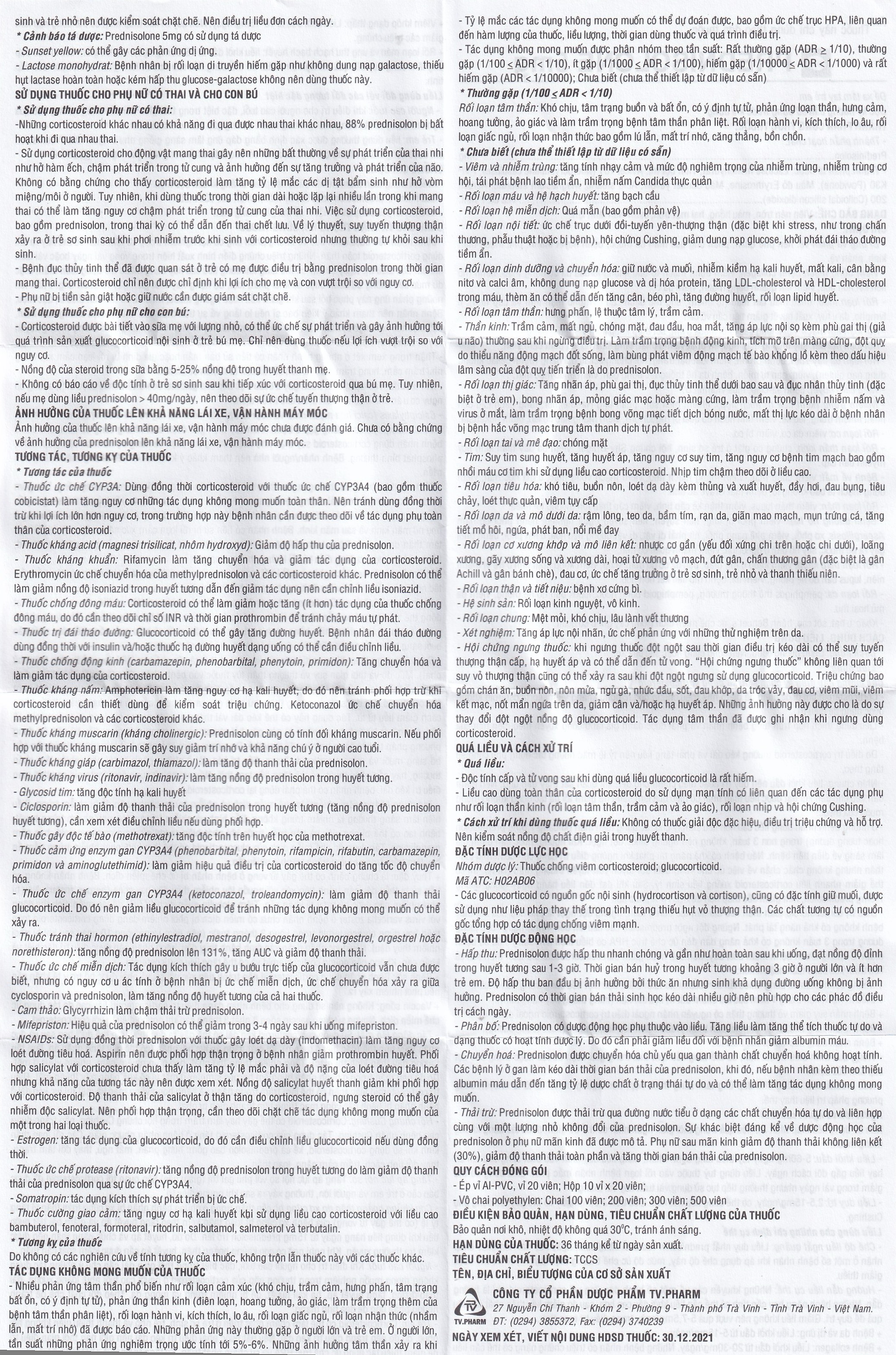 Thuốc Prednisolone 5mg TV.Pharm chống viêm, chống dị ứng và ức chế miễn dịch (10 vỉ x 20 viên)