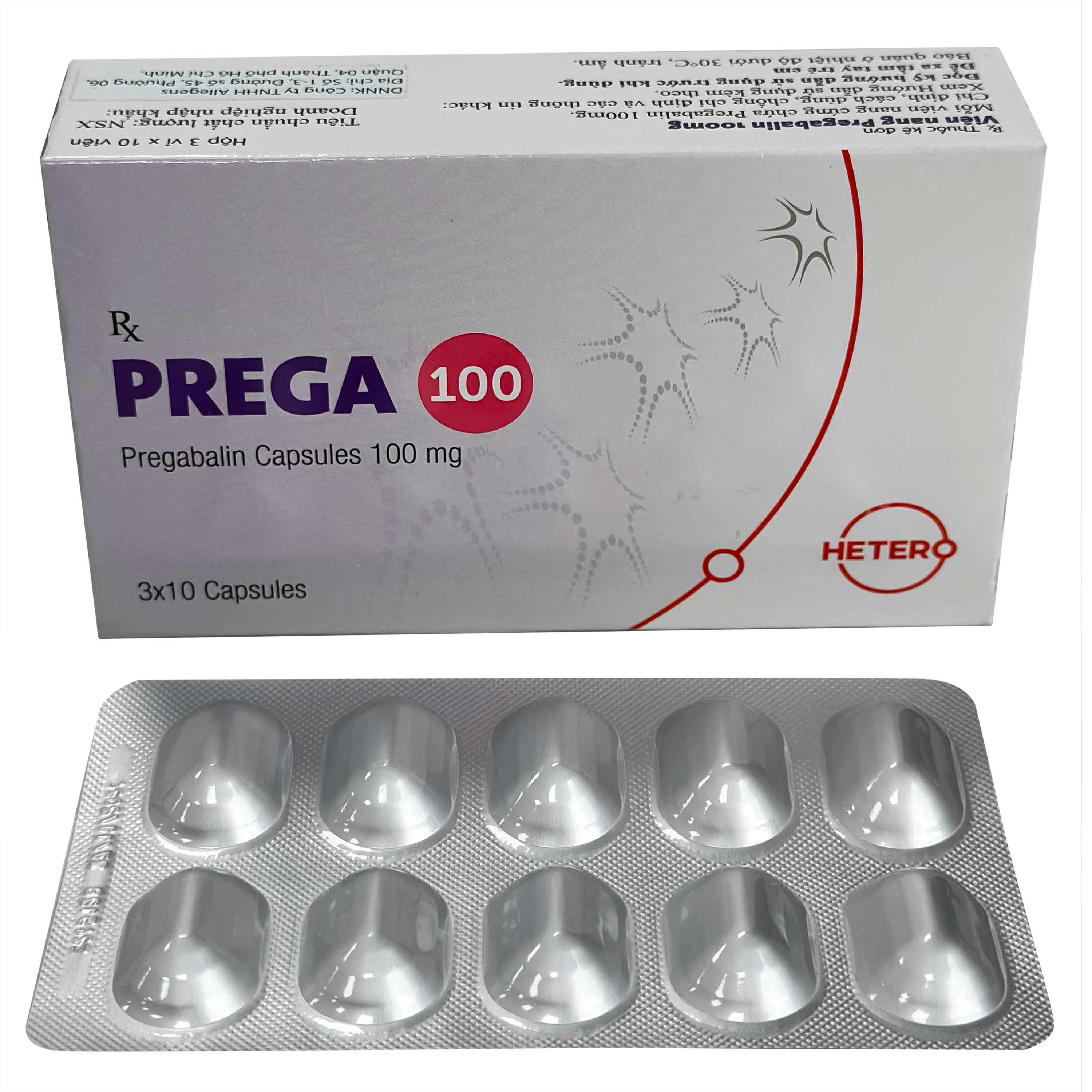 Thuốc Prega 100 Hetero điều trị bệnh đau dây thần kinh ngoại biên (3 vỉ x 10 viên) 
