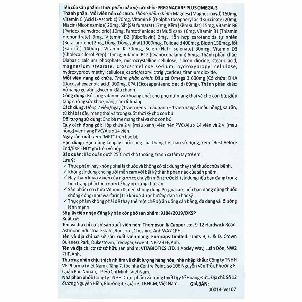 Viên uống bổ sung Vitamin Omega-3 và khoáng chất Vitabiotics Pregnacare Plus (56 viên)