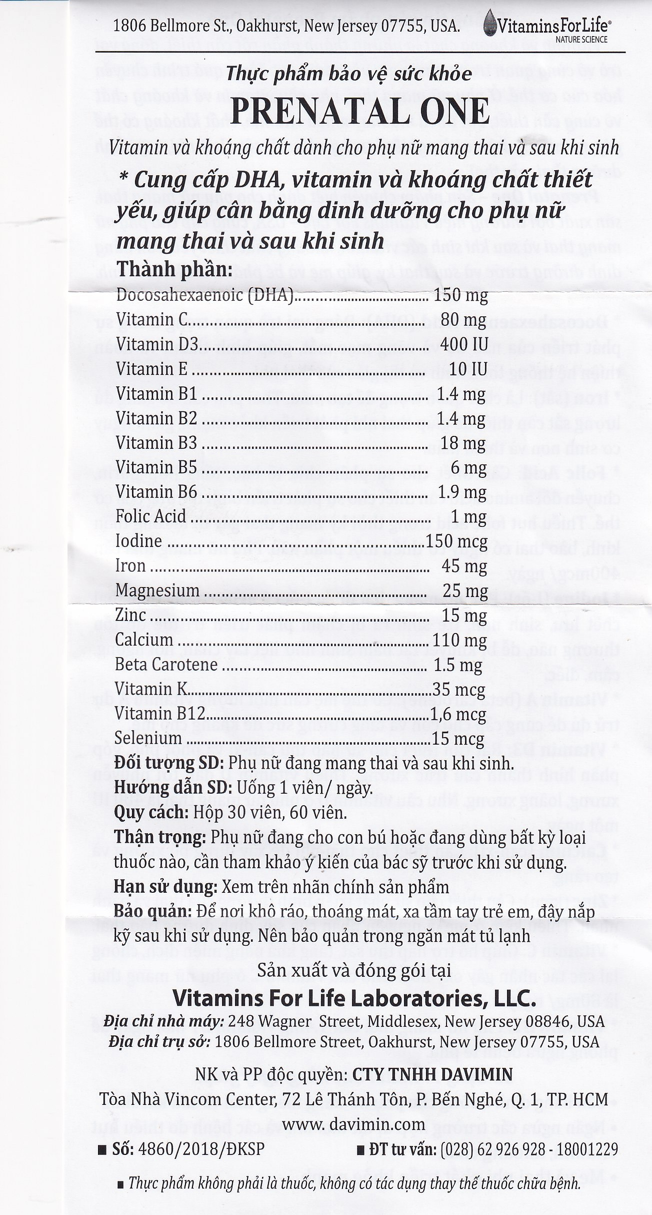 Viên uống cung cấp DHA, Vitamin và khoáng chất cho phụ nữ mang thai và sau sinh Prenatal One Vitamins For Life (30 viên)