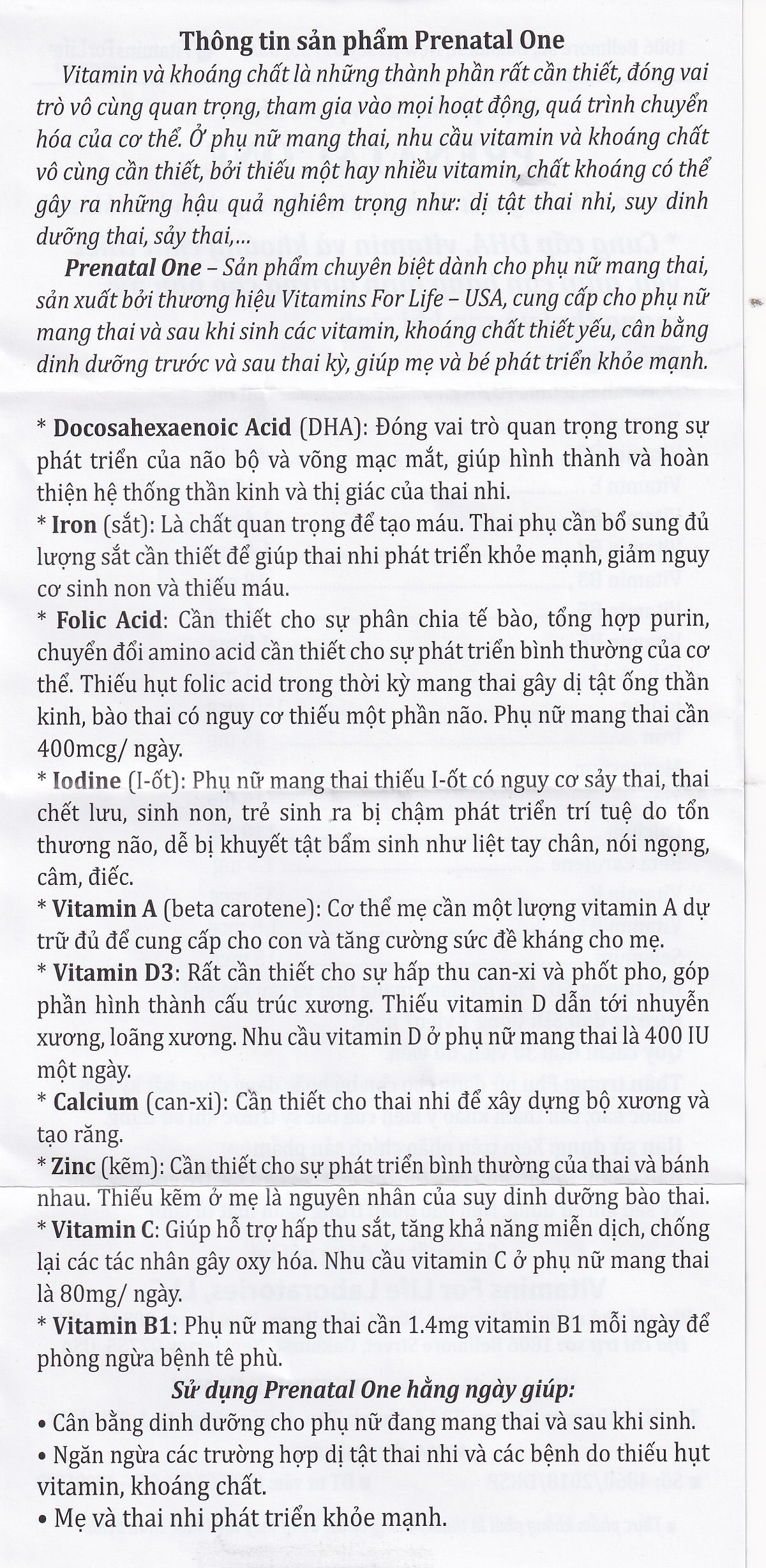 Viên uống cung cấp DHA, Vitamin và khoáng chất cho phụ nữ mang thai và sau sinh Prenatal One Vitamins For Life (30 viên)