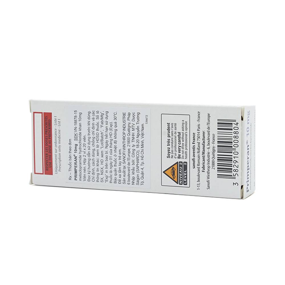 Thuốc Primperan 10mg Sanofi điều trị triệu chứng nôn và buồn nôn (2 vỉ x 20 viên) 