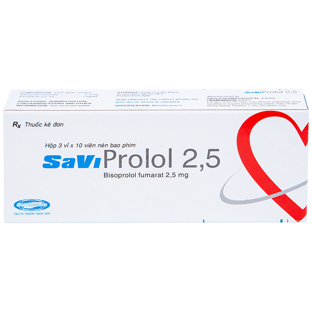 Thuốc SaViProlol 2,5 điều trị tăng huyết áp, đau thắt ngực (3 vỉ x 10 viên) 