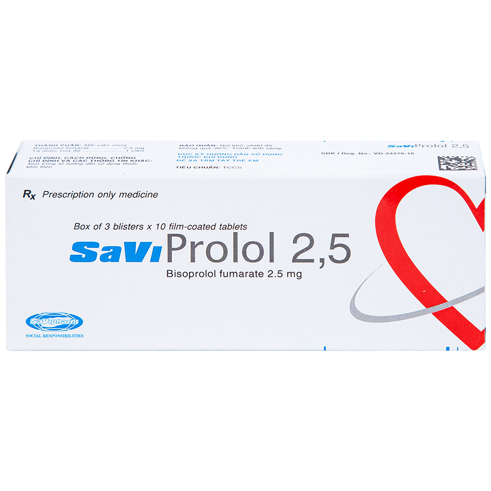 Thuốc SaViProlol 2,5 điều trị tăng huyết áp, đau thắt ngực (3 vỉ x 10 viên) 