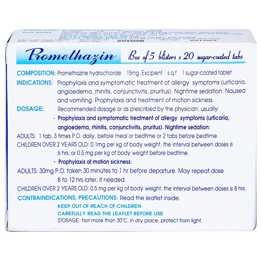 Thuốc Promethazin 15mg Nadyphar phòng và điều trị các tình trạng dị ứng, chống nôn (5 vỉ x 20 viên)  