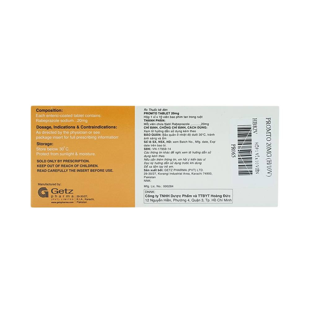 Thuốc Promto 20mg Getz điều trị loét dạ dày, tá tràng (1 vỉ x 10 viên)