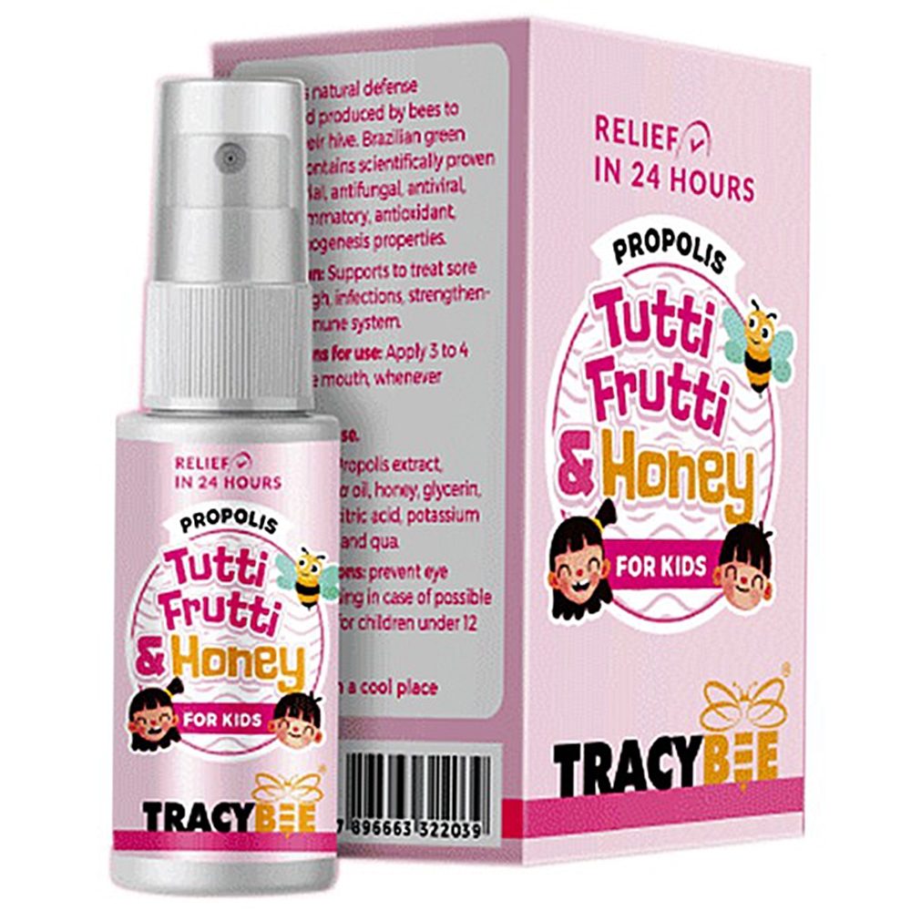 Keo ong giúp giảm đau viêm họng ho do nhiễm khuẩn Tracybee Propolis Tutti Frutti &amp; Honey vị trái cây (30ml)
