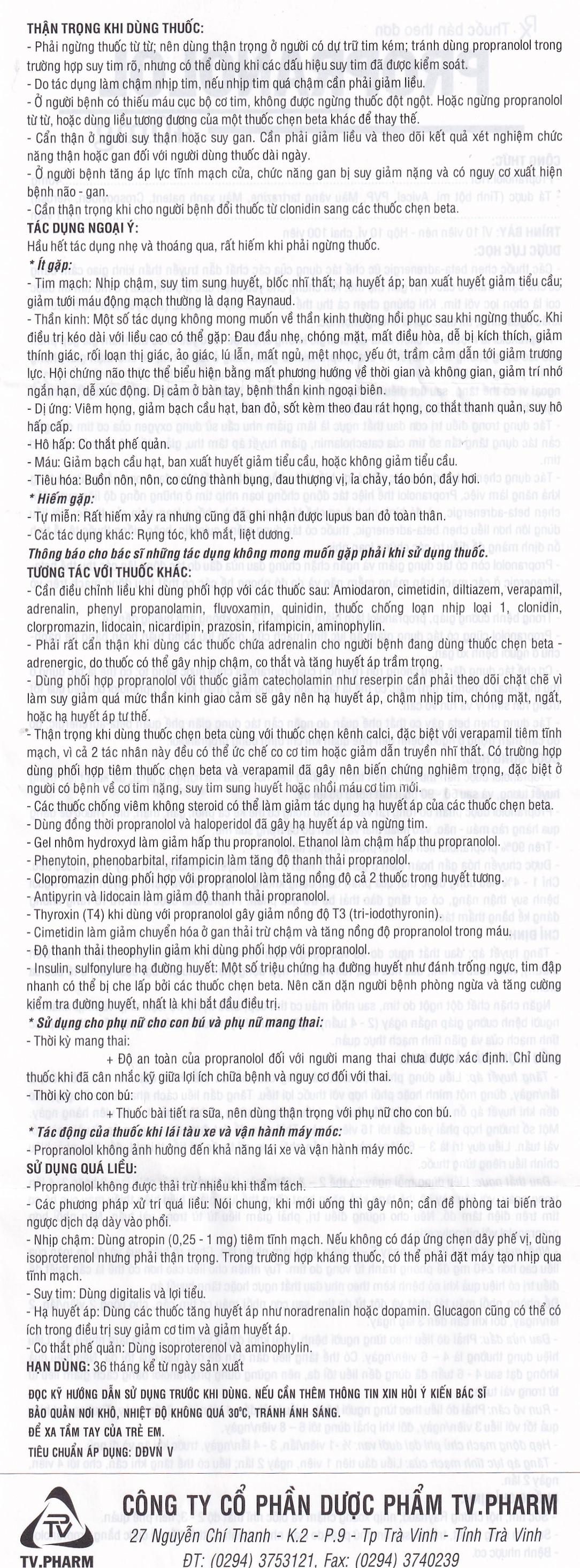 Thuốc Propranolol 40mg TV.Pharm điều trị tăng huyết áp, đau thắt ngực (10 vỉ x 10 viên)