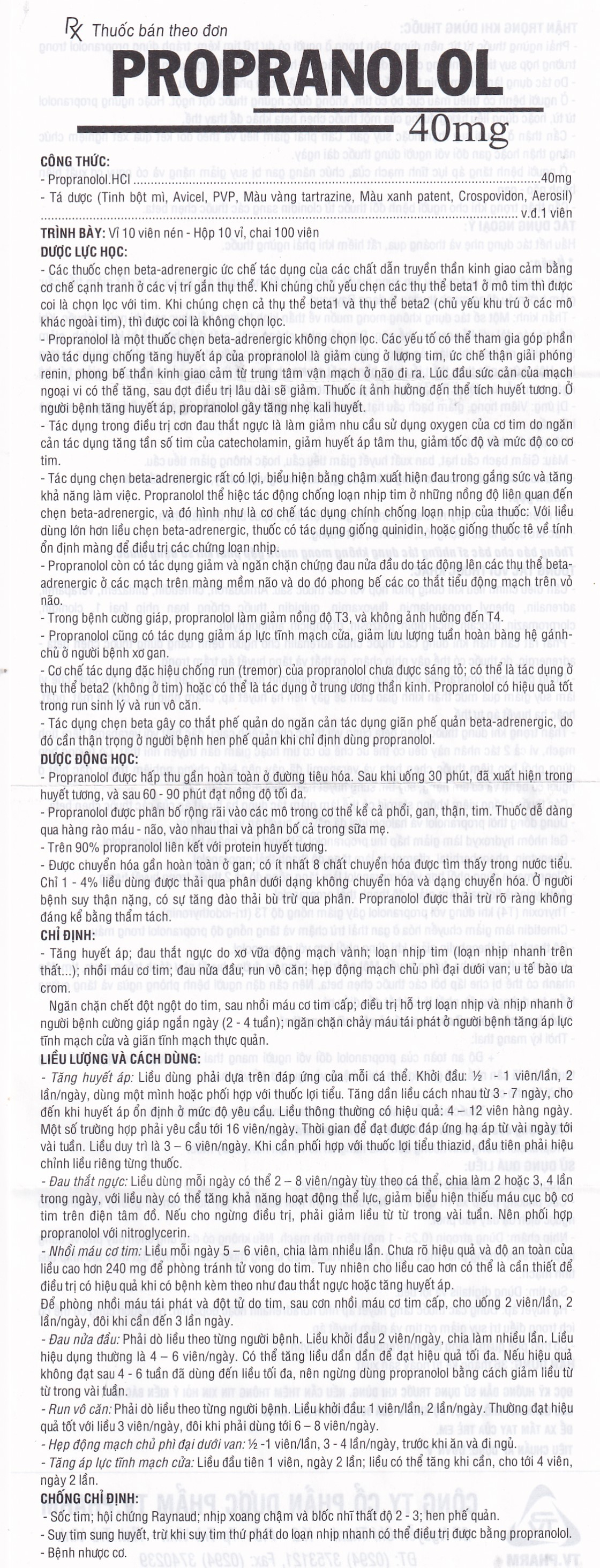 Thuốc Propranolol 40mg TV.Pharm điều trị tăng huyết áp, đau thắt ngực (10 vỉ x 10 viên)
