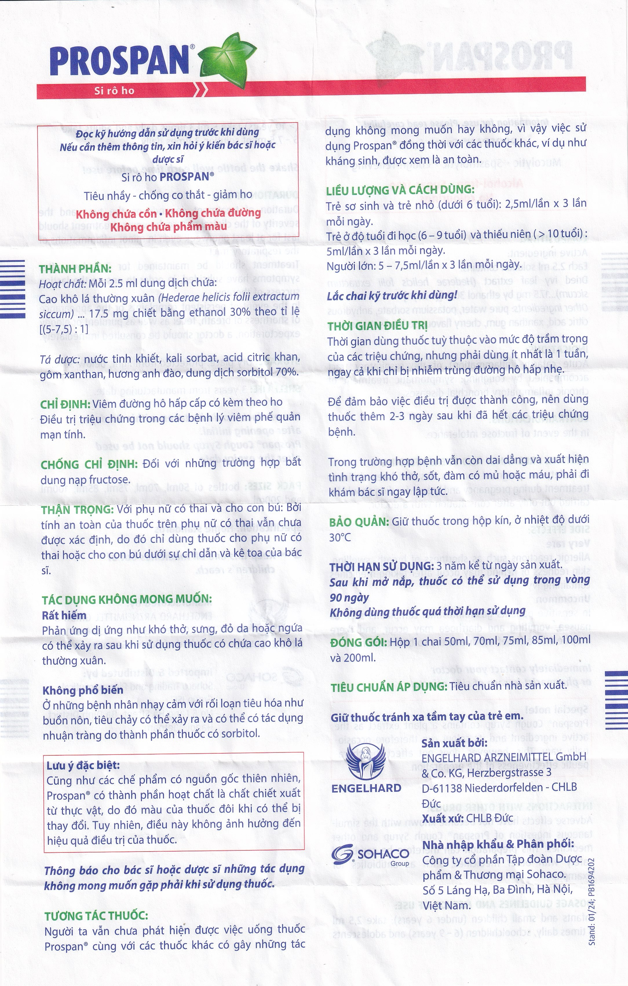 Thuốc Prospan Engelhard điều trị triệu chứng trong các bệnh lý viêm phế quản mạn tính 200ml