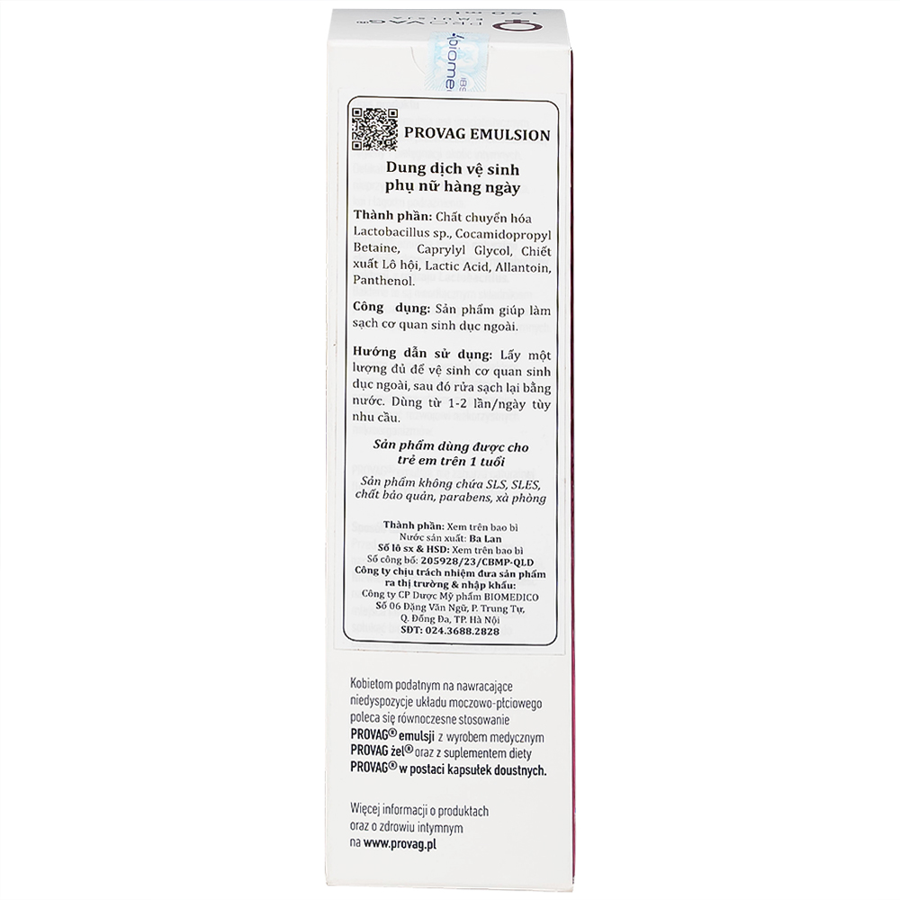 Dung dịch vệ sinh phụ nữ Provag Emulsion Biomed hỗ trợ giảm viêm nhiễm, kháng khuẩn (150ml)