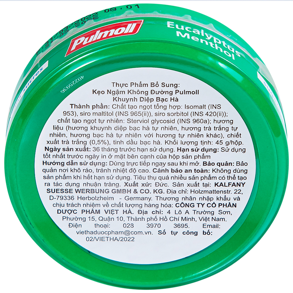 Kẹo Ngậm Không Đường Pulmoll Eucalyptus Menthol (45g)