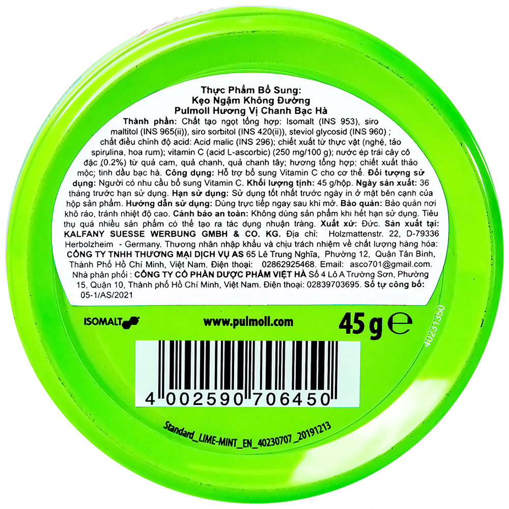 Pulmoll Lime Mint + Vitamin C Sugar Free (45g)